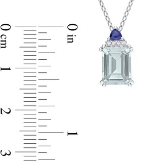 Emerald-Cut Aquamarine, Blue Sapphire and Diamond Accent Stacked Pendant in Sterling Silver