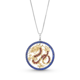 Garnet and Blue Lab-Created Sapphire Dragon Circle Pendant in Sterling Silver and 10K Gold - 18”