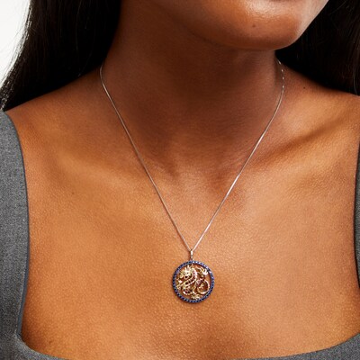 Garnet and Blue Lab-Created Sapphire Dragon Circle Pendant in Sterling Silver and 10K Gold - 18”