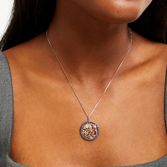 Garnet and Blue Lab-Created Sapphire Dragon Circle Pendant in Sterling Silver and 10K Gold - 18”