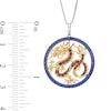Thumbnail Image 3 of Garnet and Blue Lab-Created Sapphire Dragon Circle Pendant in Sterling Silver and 10K Gold - 18”