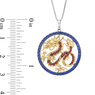 Garnet and Blue Lab-Created Sapphire Dragon Circle Pendant in Sterling Silver and 10K Gold - 18”