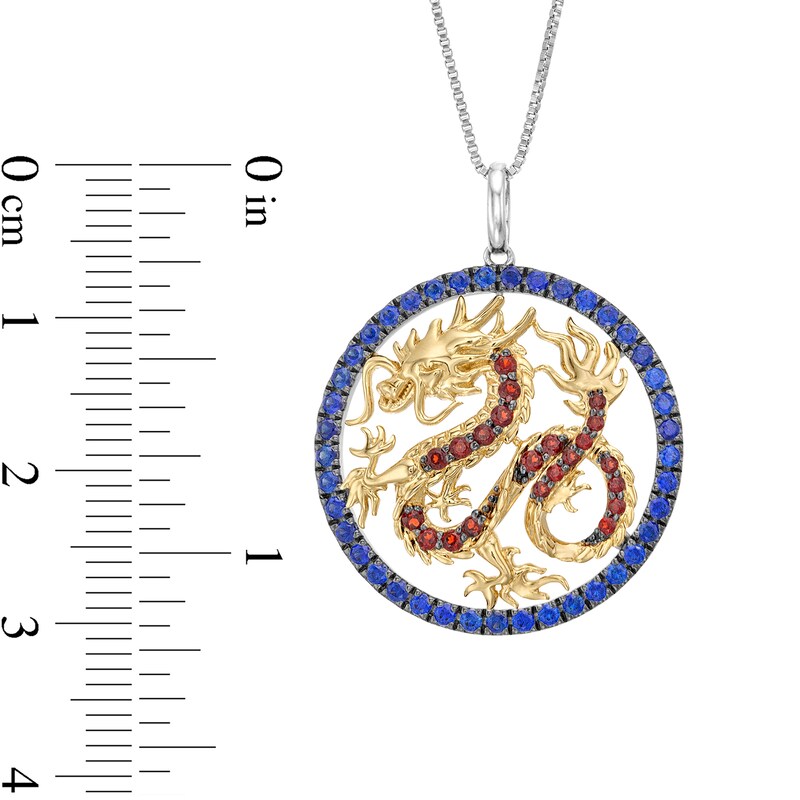 Garnet and Blue Lab-Created Sapphire Dragon Circle Pendant in Sterling Silver and 10K Gold - 18”|Peoples Jewellers