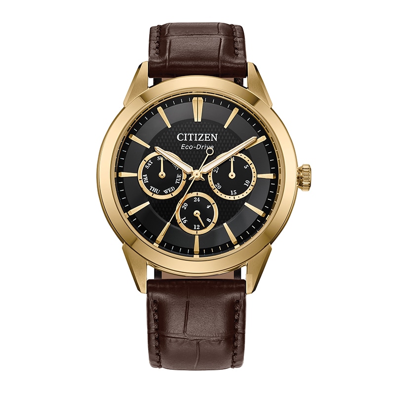 Men's Citizen Rolan Watch in Gold-Tone Stainess Steel with Brown Leather Strap (Model: BU2112-06E)