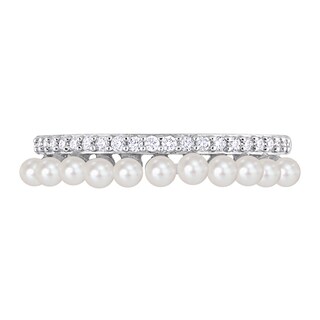 2.0-2.5mm Freshwater Cultured Pearl and 0.16 CT. T.W. Diamond Double Row Ring in 14K White Gold