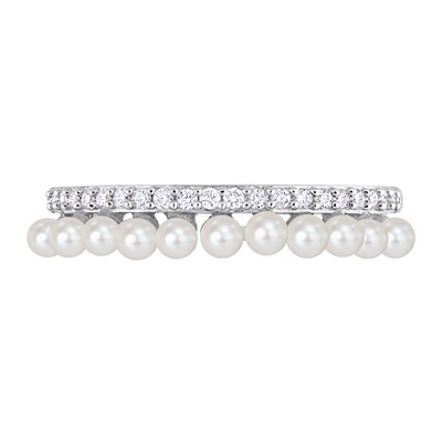 2.0-2.5mm Freshwater Cultured Pearl and 0.16 CT. T.W. Diamond Double Row Ring in 14K White Gold