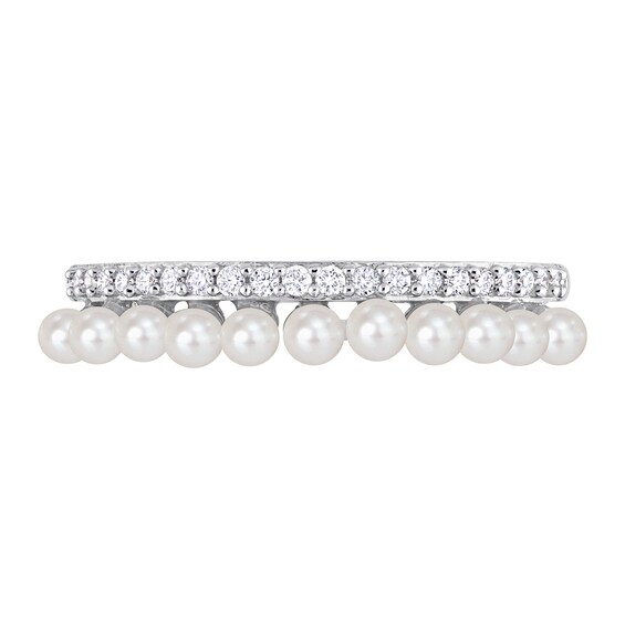 2.0-2.5mm Freshwater Cultured Pearl and 0.16 CT. T.W. Diamond Double Row Ring in 14K White Gold
