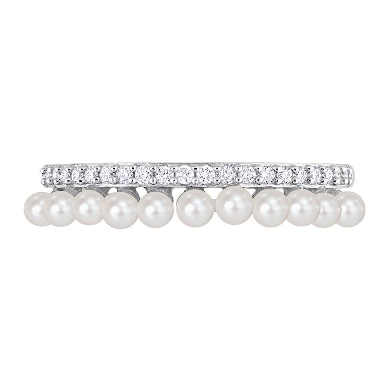 2.0-2.5mm Freshwater Cultured Pearl and 0.16 CT. T.W. Diamond Double Row Ring in 14K White Gold