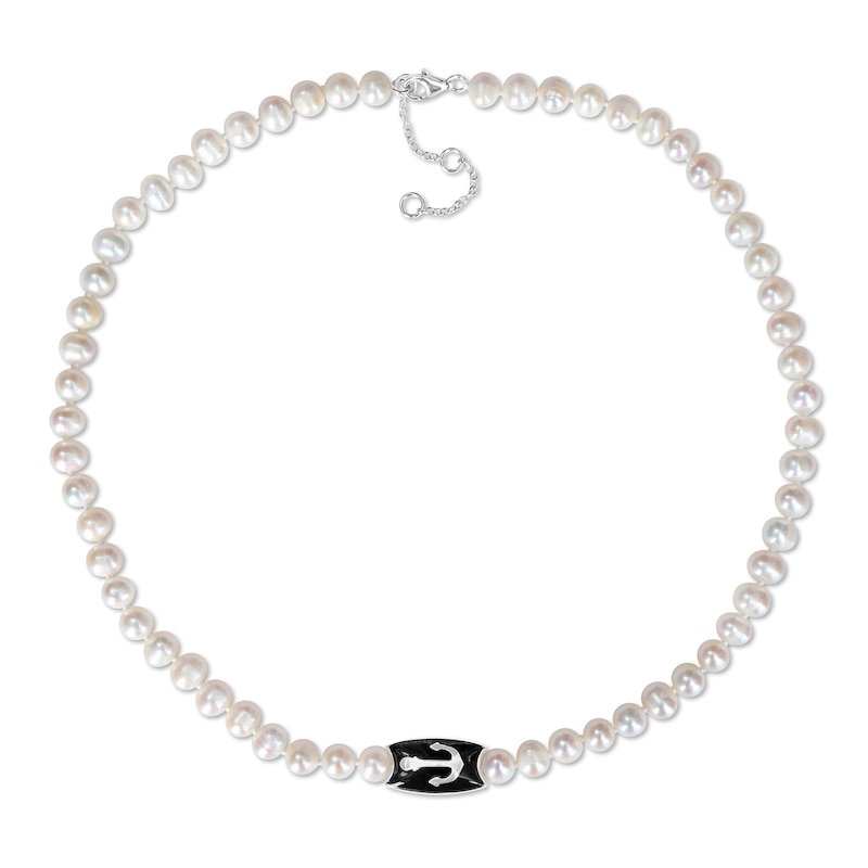 Main Image 2 of Men’s 7.0-7.5mm Freshwater Cultured Pearl and Enamel Anchor Necklace in Sterling Silver-21”