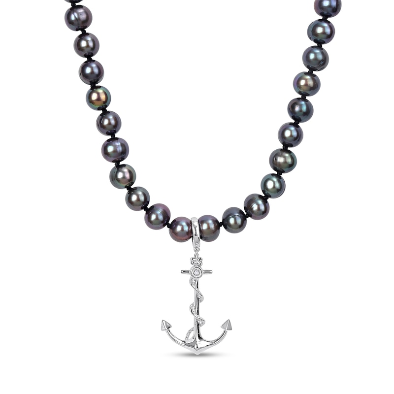 Main Image 1 of Men’s Black Freshwater Cultured Pearl and Anchor Necklace in Sterling Silver-21”