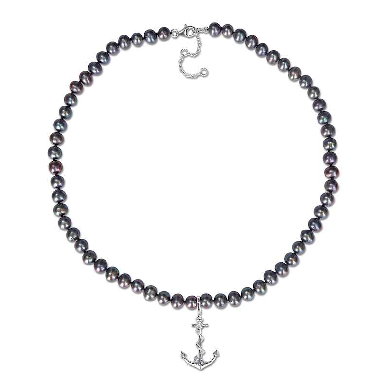 Main Image 2 of Men’s Black Freshwater Cultured Pearl and Anchor Necklace in Sterling Silver-21”