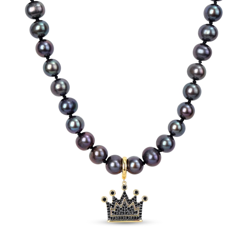 Main Image 1 of Men’s 7.0-7.5mm Black Cultured Pearl and 0.36 CT. T.W. Diamond Crown Necklace in Sterling Silver/Yellow Rhodium-21”