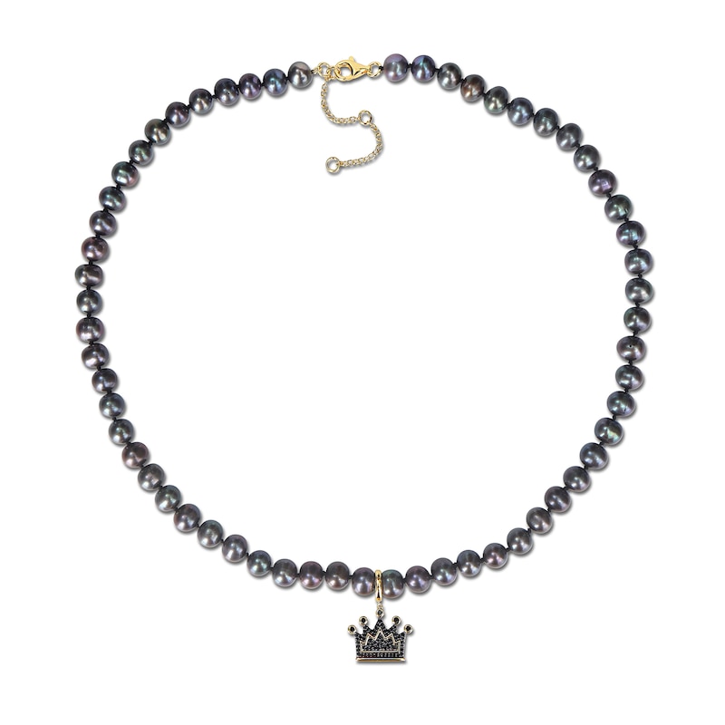 Main Image 2 of Men’s 7.0-7.5mm Black Cultured Pearl and 0.36 CT. T.W. Diamond Crown Necklace in Sterling Silver/Yellow Rhodium-21”