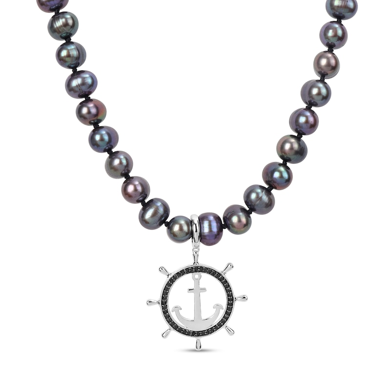 Men’s 7.0-7.5mm Black Cultured Pearl and 0.30 CT. T.W. Black Diamond Helm and Anchor Necklace in Sterling Silver - 21”|Peoples Jewellers