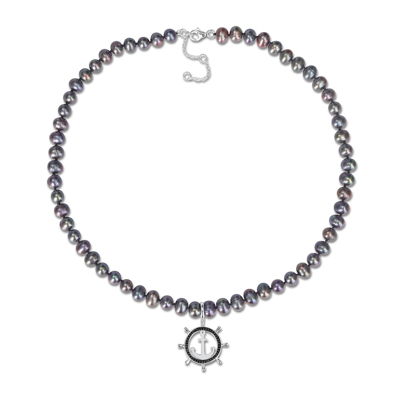 Main Image 2 of Men’s 7.0-7.5mm Black Cultured Pearl and 0.30 CT. T.W. Black Diamond Helm and Anchor Necklace in Sterling Silver-21”