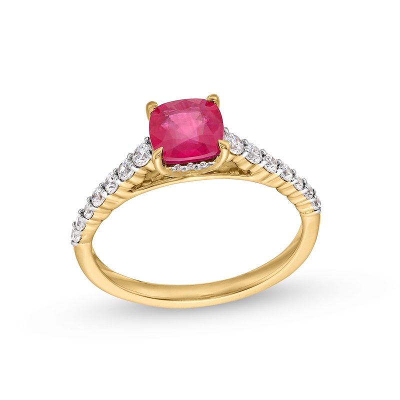 Main Image 1 of 6.0mm Cushion-Cut Certified Ruby and 0.33 CT. T.W. Diamond Ring in 10K Gold