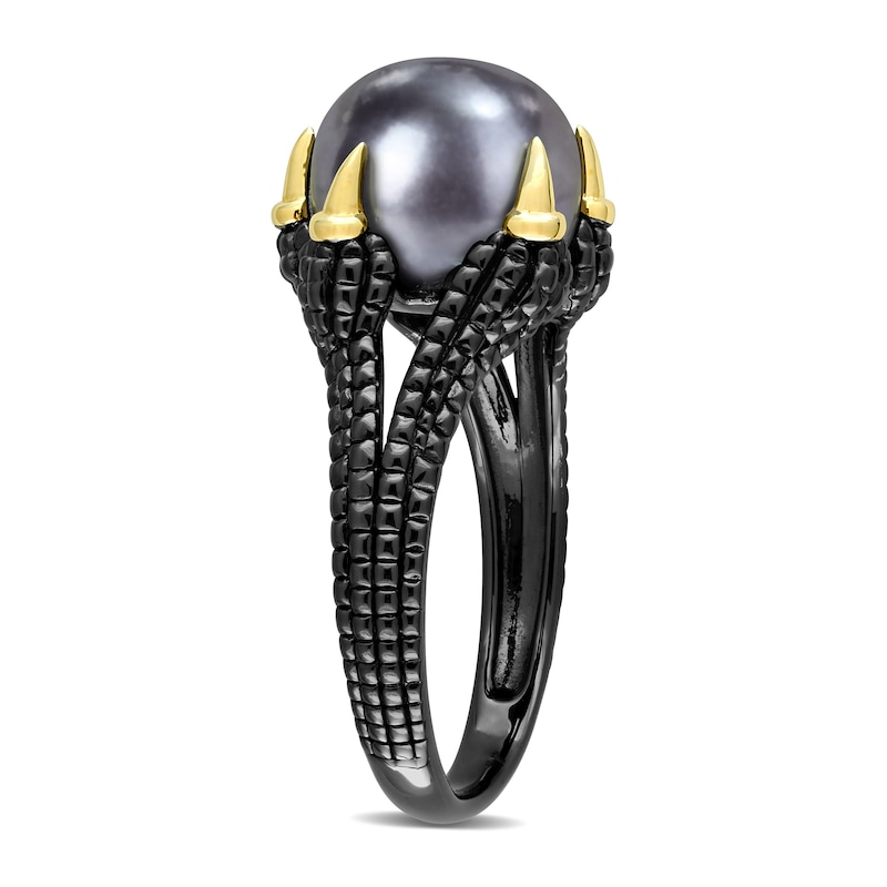 Main Image 2 of Men’s 10.5-11.0mm Black Freshwater Cultured Pearl Claw Ring in Sterling Silver with Black Rhodium and Yellow Gold Plate