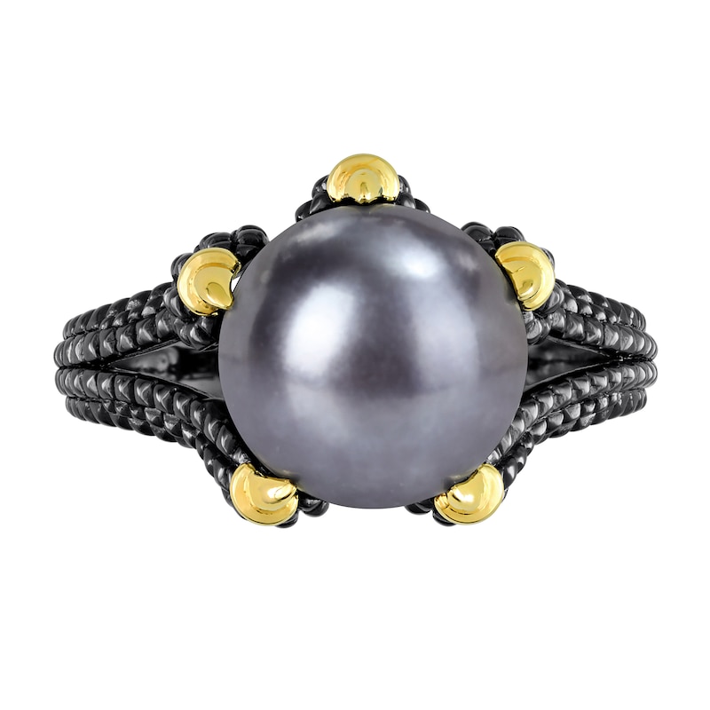 Main Image 4 of Men’s 10.5-11.0mm Black Freshwater Cultured Pearl Claw Ring in Sterling Silver with Black Rhodium and Yellow Gold Plate