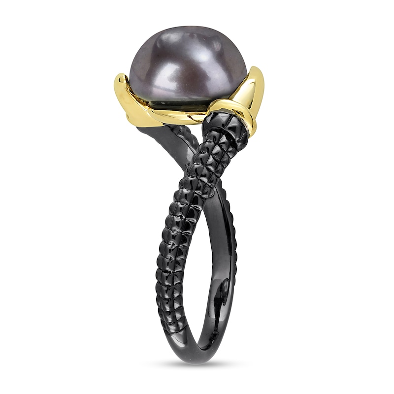 Main Image 2 of Men’s 9.5mm Black Freshwater Cultured Pearl Claw Prong Ring in Sterling Silver with Black Rhodium and Yellow Gold Plate