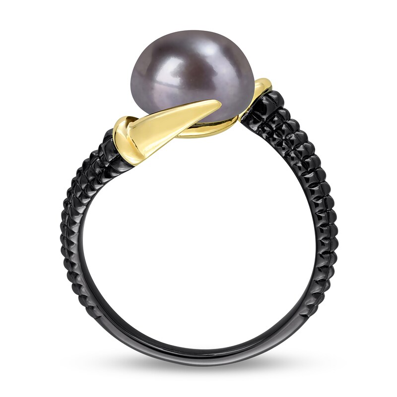 Main Image 3 of Men’s 9.5mm Black Freshwater Cultured Pearl Claw Prong Ring in Sterling Silver with Black Rhodium and Yellow Gold Plate