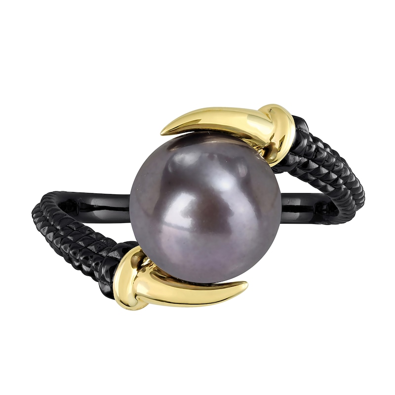 Main Image 4 of Men’s 9.5mm Black Freshwater Cultured Pearl Claw Prong Ring in Sterling Silver with Black Rhodium and Yellow Gold Plate