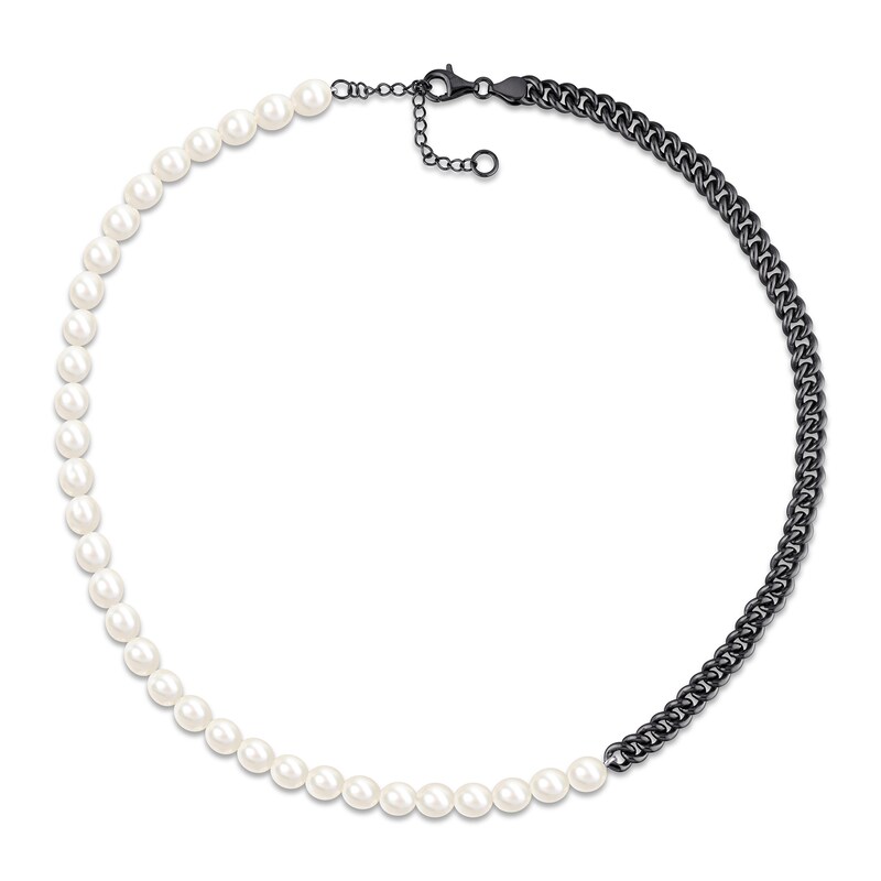 Main Image 2 of 7.0-7.5mm Freshwater Cultured Pearl and Curb Chain Necklace in Black-Plated Sterling Silver – 22”
