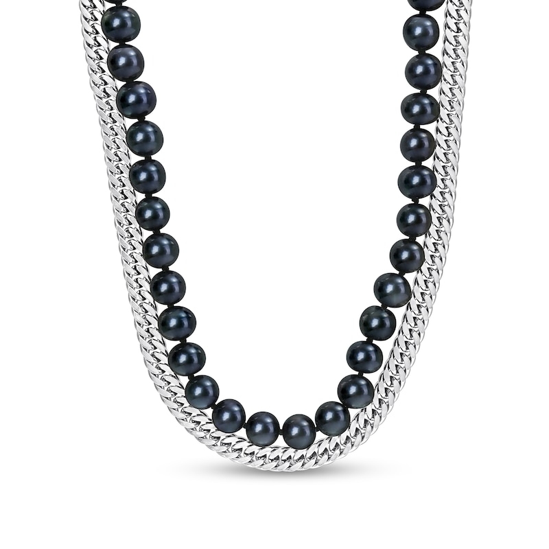 Main Image 1 of Men’s 7.5-8.0mm Black Freshwater Cultured Pearl & Curb Chain Necklace in Sterling Silver-22”