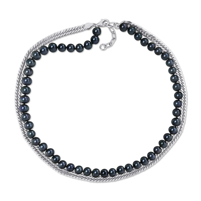 Main Image 2 of Men’s 7.5-8.0mm Black Freshwater Cultured Pearl & Curb Chain Necklace in Sterling Silver-22”