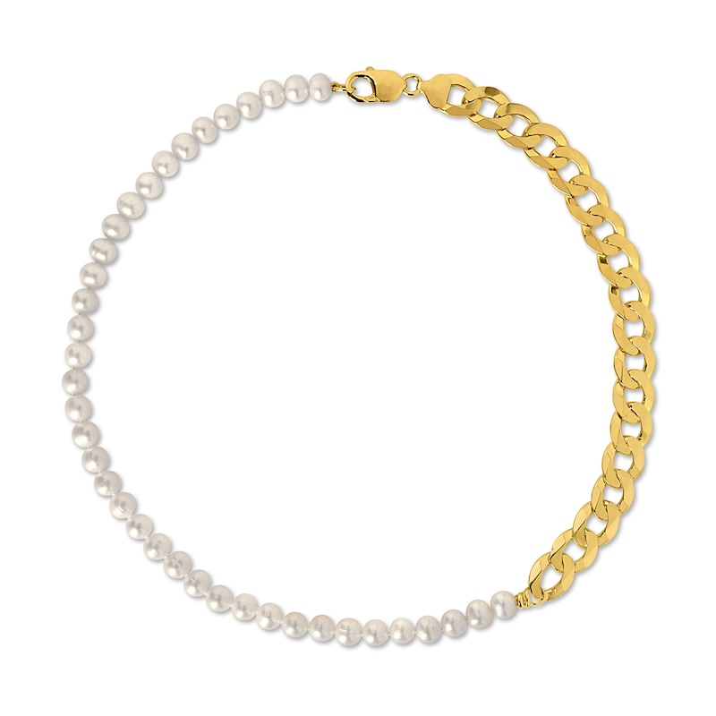 Main Image 2 of Men’s 7.0-7.5mm Freshwater Cultured Pearl & Cuban Curb Chain Necklace in Sterling Silver with Yellow Rhodium Plate-20”