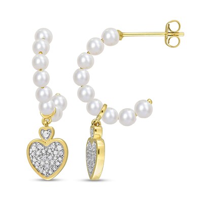 Freshwater Cultured Pearl J-Hoop and 0.05 CT. T.W. Diamond Heart Dangle Earrings in 10K Gold