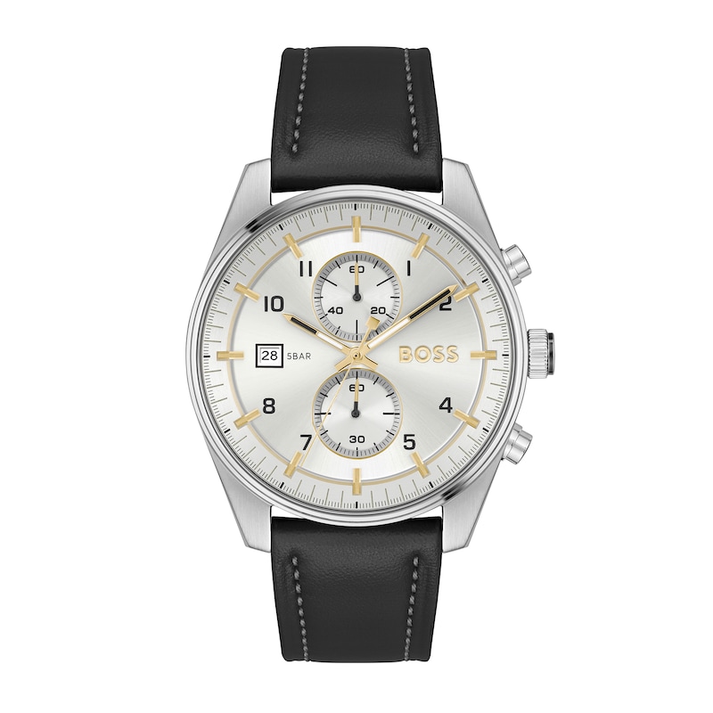 Men's Hugo Boss Skytraveller Chronograph Black Leather Strap Watch with Silver-Tone Dial (Model: 1514147)|Peoples Jewellers