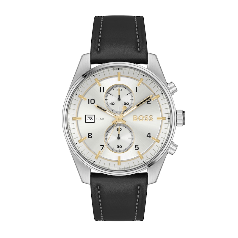 Main Image 1 of Men's Hugo Boss Skytraveller Chronograph Black Leather Strap Watch with Silver-Tone Dial (Model: 1514147)
