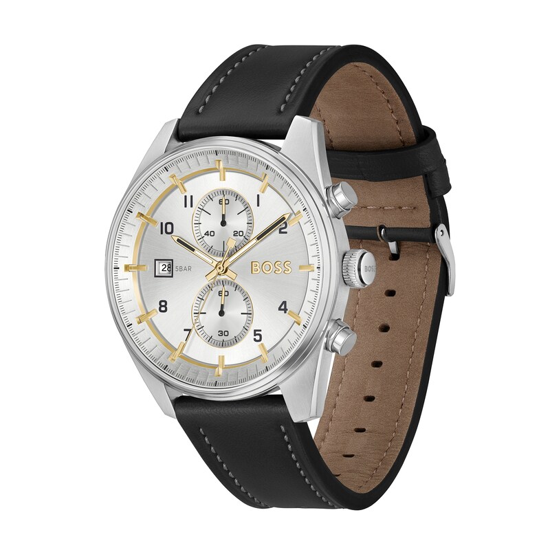 Main Image 2 of Men's Hugo Boss Skytraveller Chronograph Black Leather Strap Watch with Silver-Tone Dial (Model: 1514147)