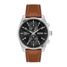 Men's Hugo Boss Skytraveller Chronograph Brown Leather Strap Watch with Black Dial (Model: 1514161)