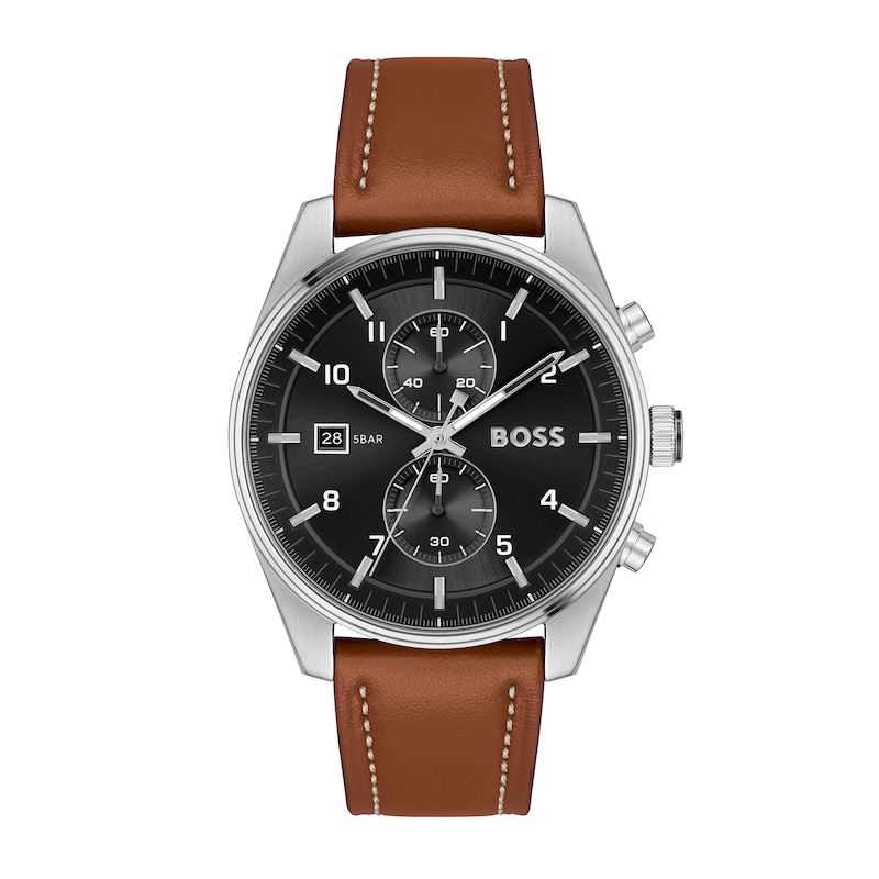 Men's Hugo Boss Skytraveller Chronograph Brown Leather Strap Watch with Black Dial (Model: 1514161)|Peoples Jewellers