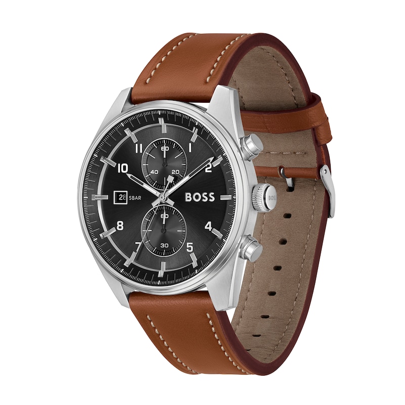 Main Image 2 of Men's Hugo Boss Skytraveller Chronograph Brown Leather Strap Watch with Black Dial (Model: 1514161)