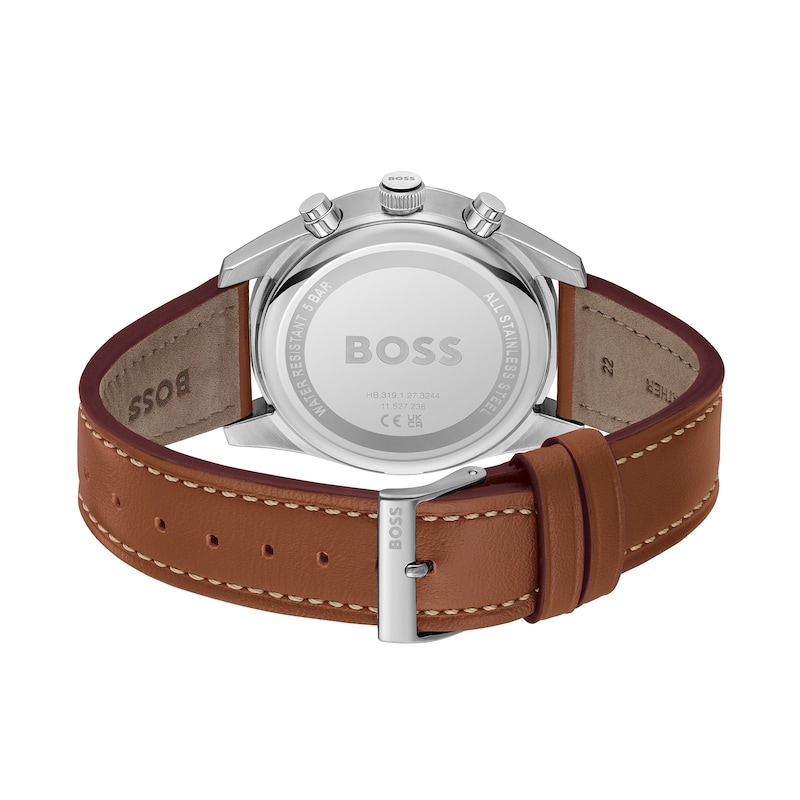 Main Image 3 of Men's Hugo Boss Skytraveller Chronograph Brown Leather Strap Watch with Black Dial (Model: 1514161)