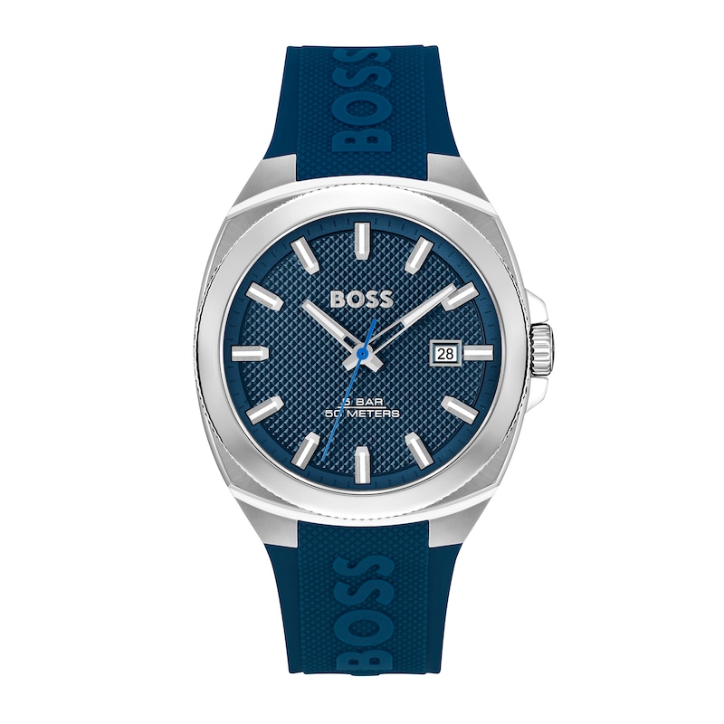 Men's Hugo Boss Walker Branded Silicone Strap Watch with Textured Blue Dial (Model: 1514139)|Peoples Jewellers