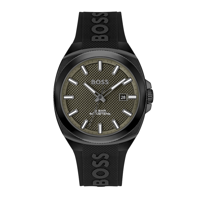 Men's Hugo Boss Walker Black IP Branded Silicone Strap Watch with Textured Green Dial (Model: 1514140)|Peoples Jewellers