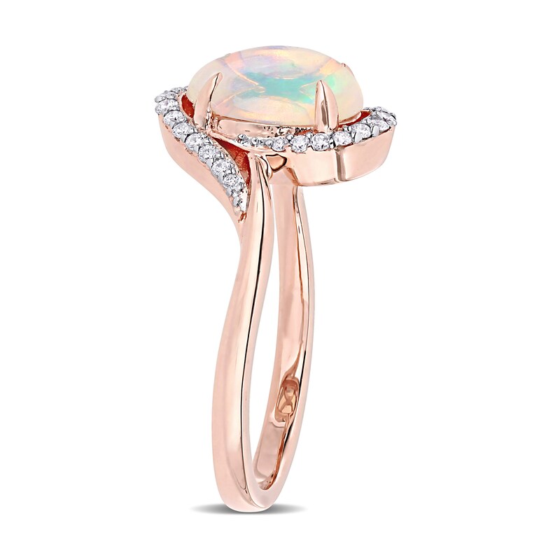 Oval Opal and 0.146 CT. T.W. Diamond Swirl Bypass Frame Ring in 10K Rose Gold