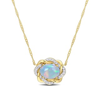Sideways Oval Blue Opal and 0.08 CT. T.W. Diamond Twist Frame Necklace in 10K Gold - 17"
