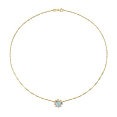 Sideways Oval Blue Opal and 0.08 CT. T.W. Diamond Twist Frame Necklace in 10K Gold - 17"