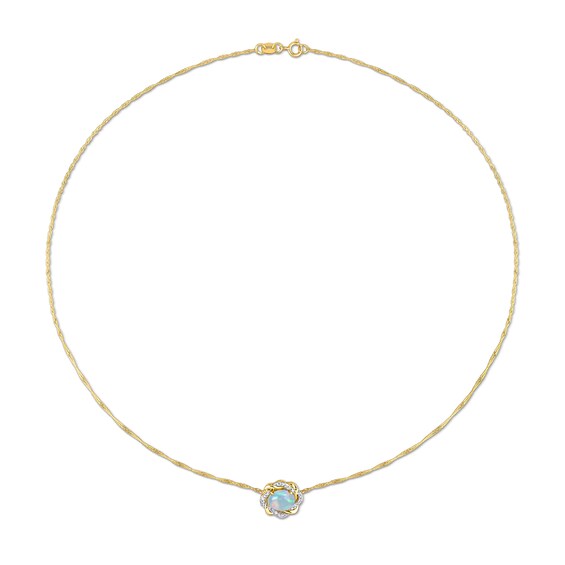 Sideways Oval Blue Opal and 0.08 CT. T.W. Diamond Twist Frame Necklace in 10K Gold - 17"