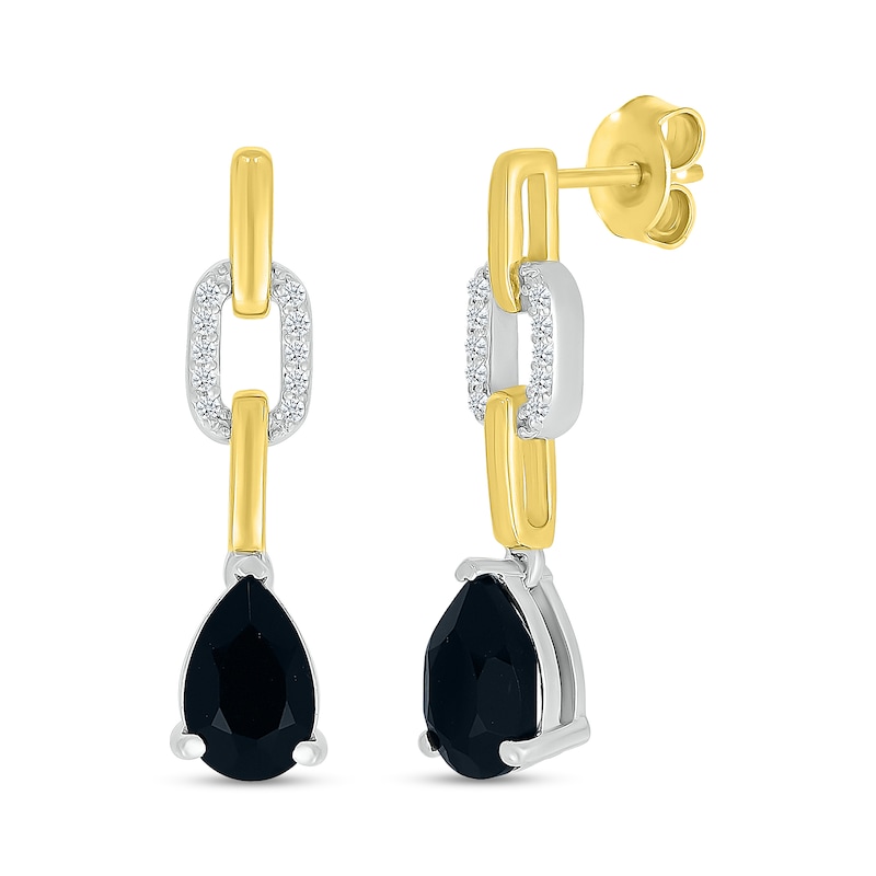 Pear-Shaped Black Onyx and White Lab-Created Sapphire Chain Link Drop Earrings in Sterling Silver and 10K Gold|Peoples Jewellers