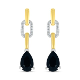 Pear-Shaped Black Onyx and White Lab-Created Sapphire Chain Link Drop Earrings in Sterling Silver and 10K Gold