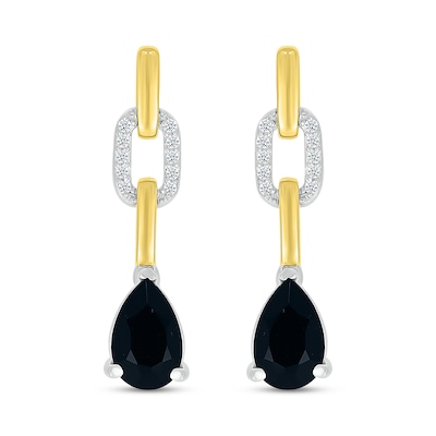 Pear-Shaped Black Onyx and White Lab-Created Sapphire Chain Link Drop Earrings in Sterling Silver and 10K Gold