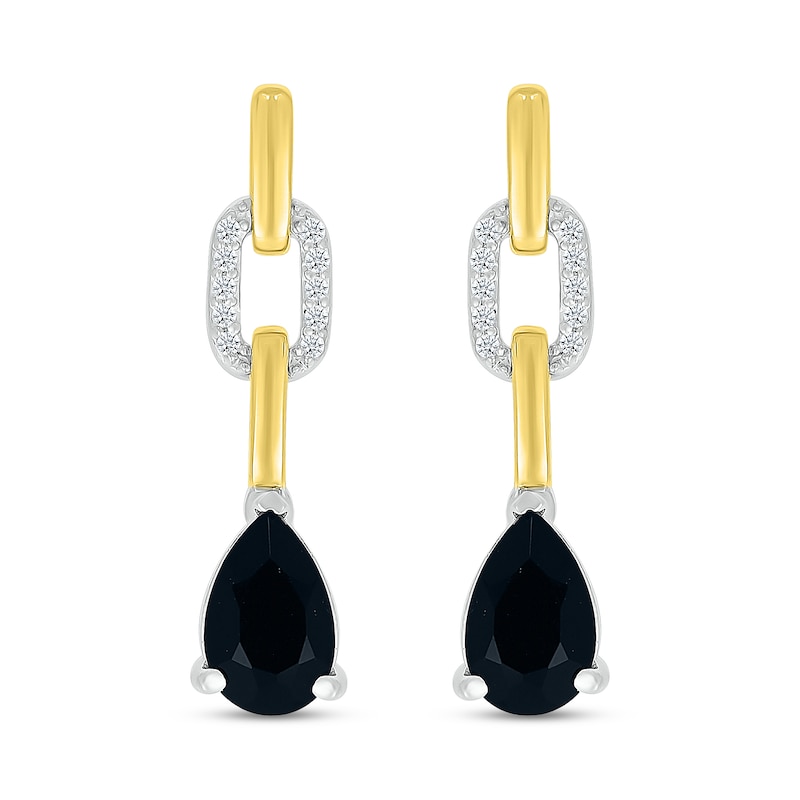 Pear-Shaped Black Onyx and White Lab-Created Sapphire Chain Link Drop Earrings in Sterling Silver and 10K Gold