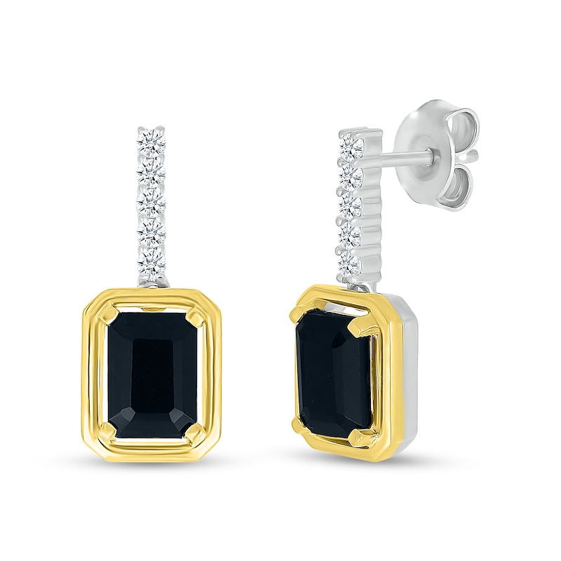 Main Image 1 of Emerald-Cut Black Onyx and White Lab-Created Sapphire Drop Earrings in Sterling Silver and 10K Gold