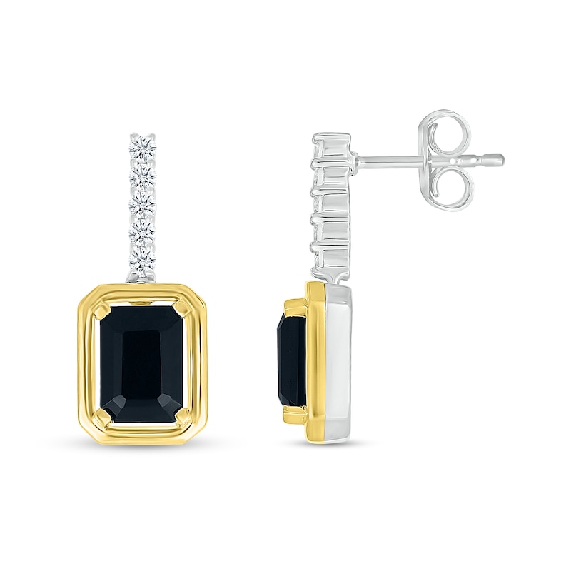 Main Image 2 of Emerald-Cut Black Onyx and White Lab-Created Sapphire Drop Earrings in Sterling Silver and 10K Gold