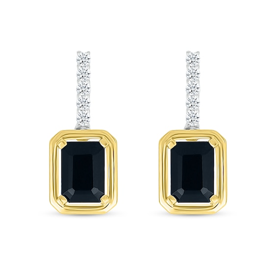 Emerald-Cut Black Onyx and White Lab-Created Sapphire Drop Earrings in Sterling Silver and 10K Gold